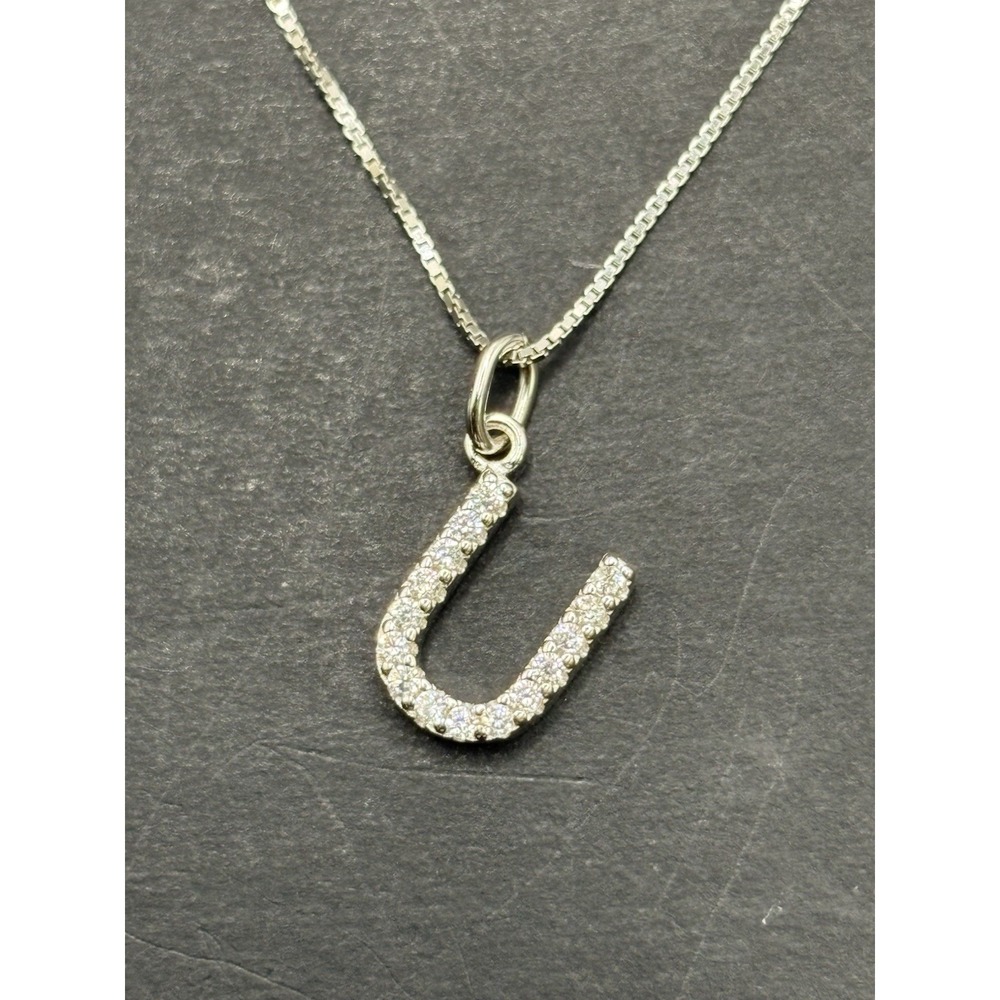 New Condition 18" Sterling Silver Cubic Zirconia Initial "U" Pendant Necklace